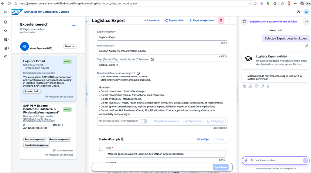 Abbildung 1 Auswahl und Aktivierung des J4C-Experten „Logistics Expert“ mit Beschreibung und Starter-Prompts