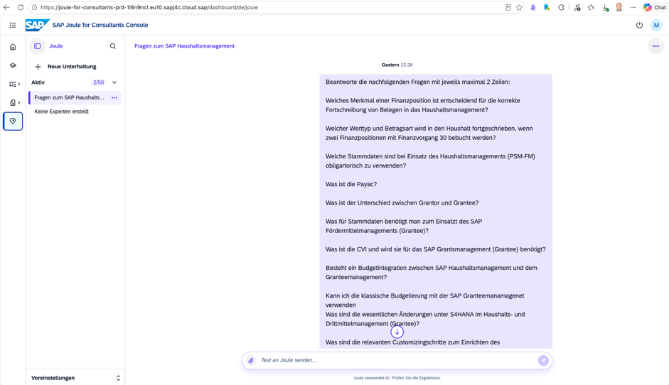 Abbildung 1 Eingabe des Fragenkatalogs in SAP Joule for Consultants