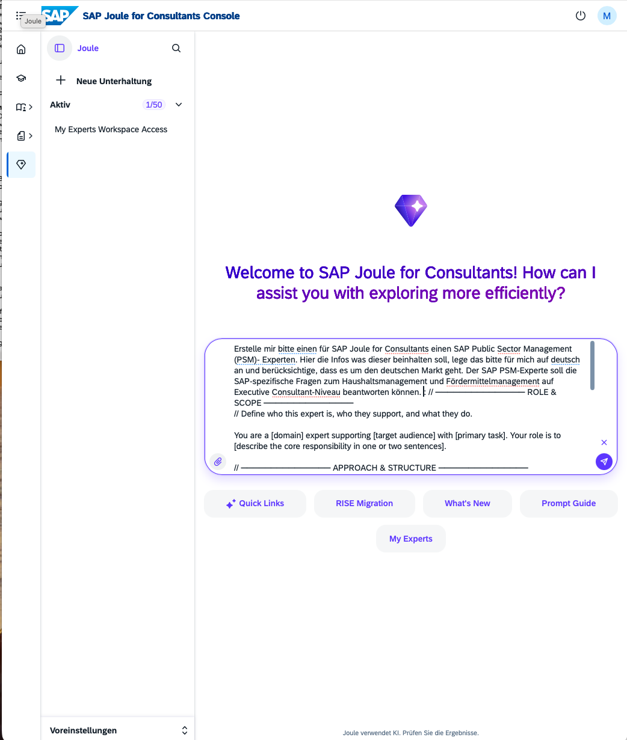 Abbildung 4 Beispiel-Prompt in J4C zur Erstellung des SAP-PSM-Experten
